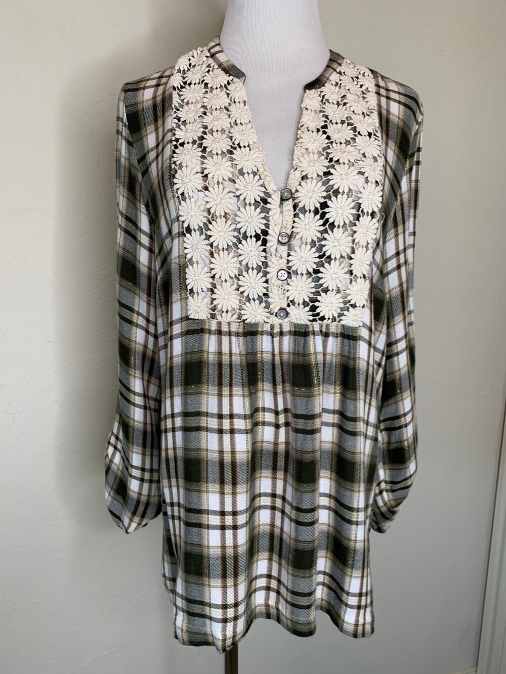 Brown Cream Plaid Babydoll Blouse Sz Medium Boho Western Y2k